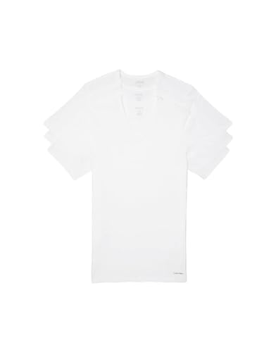 Calvin Klein mens 100% Cotton 3 Pack Short Sleeve Slim Fit V Neck, white - Large