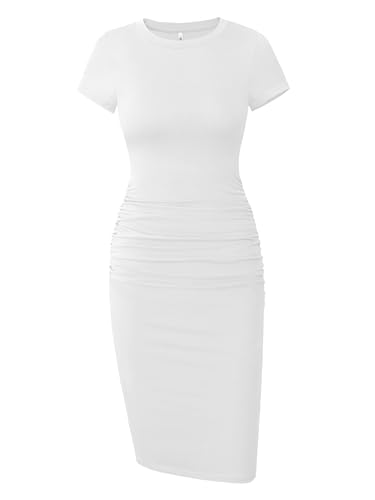 Women's Ruched Casual Sun Dress Knee Length Slim Fit Bodycon Summer T Shirt Dress (Cream White, Medium)