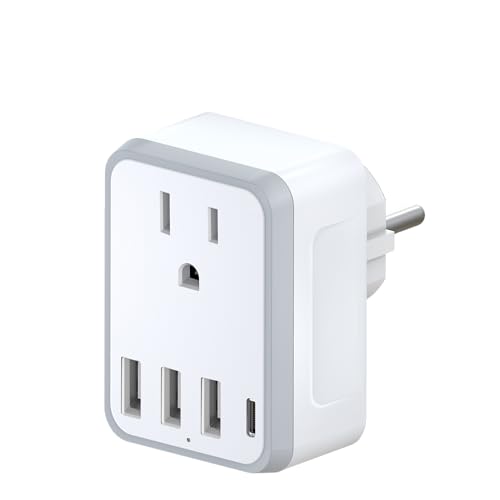 Yinleader Type E/F Plug Adapter, Germany France Adapter Plug,South Korea Outlet Adapter with 1 USB C,3 USB Ports and 1 Outlet, US to EU Spain Iceland Greece Russia German French Korea
