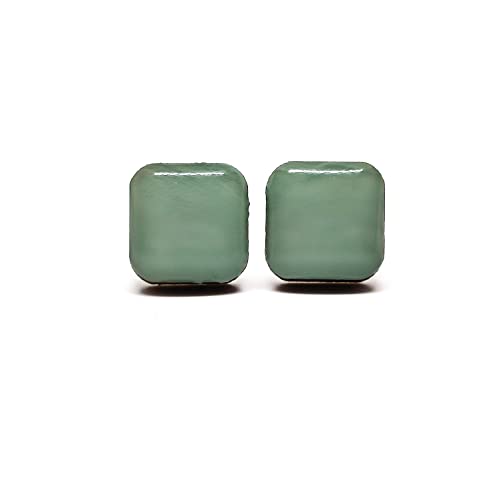 Square 10 mm Stud Earrings, Handmade, for Women Men Girls, Stainless Steel Posts for Sensitive Ears, Geometric Stud (Shale Green)