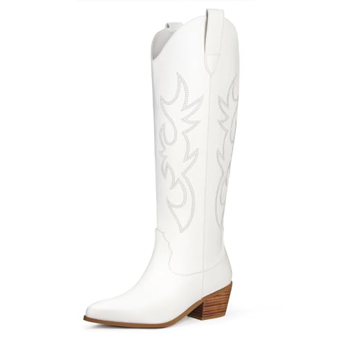 Cowboy Boots for Women Knee High Wide Calf Cowgirl Boots Embroidered Chunky Heels Pointed Toe Long Tall Western Boot Pull On (White, Size 8)