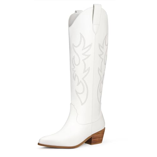 Cowboy Boots for Women Knee High Wide Calf Cowgirl Boots Embroidered Chunky Heels Pointed Toe Long Tall Western Boot Pull On (White, Size 7)