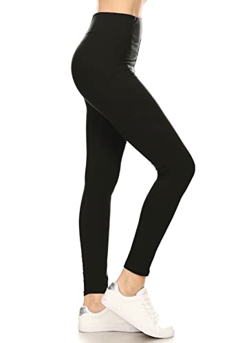 Leggings Depot Women's 3' Waistband Yoga High Waisted Solid Leggings Pants (Full Length, Black, One Size)