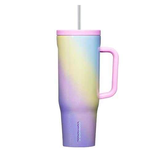 Corkcicle Tumbler With Straw and Handle, Reusable Water Bottle, Triple Insulated Travel Mug, BPA Free, Keeps Beverages Cold for 12 Hours and Hot for 5 Hours, Rainbow Unicorn, 40 oz