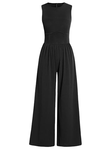 ANRABESS Womens Jumpsuits Dressy Summer Casual One Piece Outfits High Neck Tank Top Wide Leg Pants Rompers Jumper Pockets Black 1468Heise-S