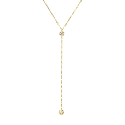 14k Vermeil Dainty Drop Y Lariat Necklace with Diamond, Gold Drop Necklace, Gold Necklace Formal Wedding Guest Jewelry for Women, Womens Necklaces Trendy (Gold, Double CZ Lariat)
