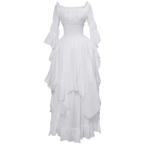 NSPSTT Victorian Dress Renaissance Costume Women Gothic Witch Dress Medieval Wedding Dress(S/M, White)