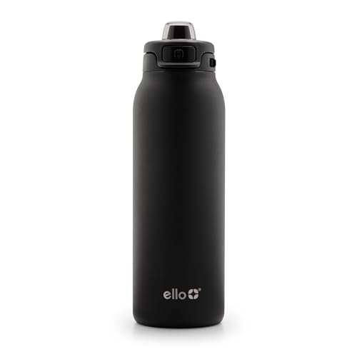 Ello Pop & Fill 32oz Stainless Steel Water Bottle with QuickFill Technology, Double Walled and Vacuum Insulated Metal, Leak Proof Locking Lid, Sip and Chug, Reusable, BPA Free, Black