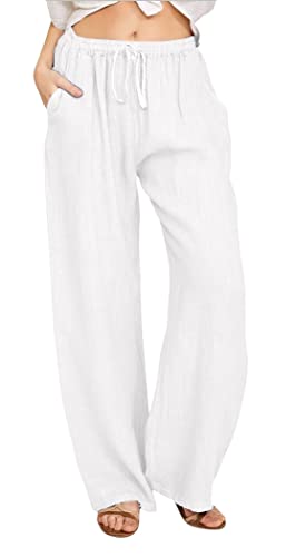 CHARTOU Women's Summer Drawstring Waist Wide Leg Loose Cotton Linen Palazzo Pants (Medium, White)