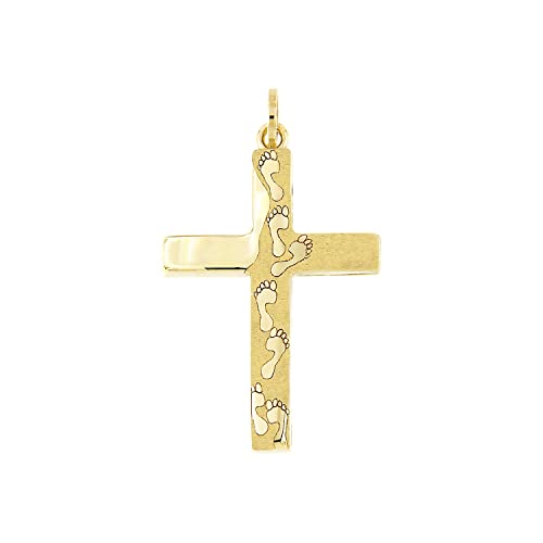Lucchetta - Foot Prints in the Sand Yellow Gold Cross Pendant 'It was then that I carried you' / 14k Italian Religious Gift Charm for Necklaces (up to 4mm) | Authentic Christian Jewelry from Italy