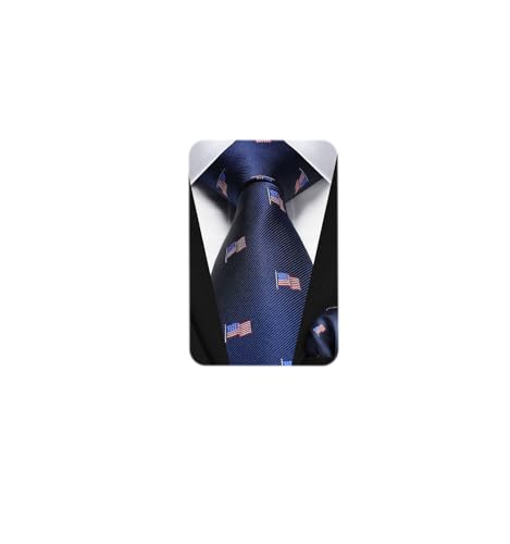 HISDERN Navy Blue Ties for Men American Flag Tie and Pocket Square Set Mens Patriotic Tie Designer Neckties Handkerchief Formal Business Necktie