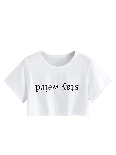SweatyRocks Women's Letter Print Crop Top T Shirts Casual Short Sleeve Cropped Tee White Small