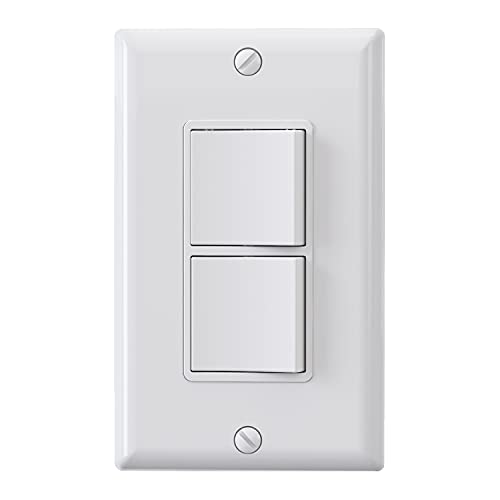 ELEGRP Decorator Double Rocker Light Switch, Two Single Pole Electrical Paddle Switch, 15A, 125V, in-Wall On/Off Switch, Self-grounding, Wall Plate is Included, UL Listed (1 Pack, Glossy White)