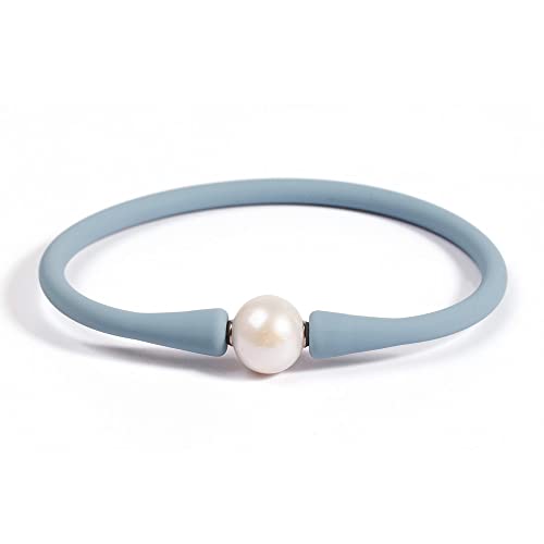 MINGHANG 9-11mm Silicone Edison Freshwater Pearl Bracelets,Womens Charm Bangle Jewelry,Colored Dainty Personalized Stretch Mood Rubber Bands for Men and Women 6.50''(Light Blue)