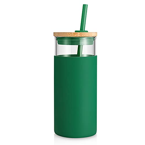 Tronco 20 oz Glass Tumbler Glass Water Bottle Straw Silicone Protective Sleeve Bamboo Lid - BPA Free (Blackish Green/ 1pack)