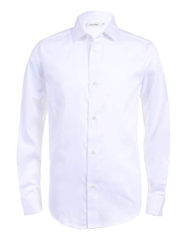 Calvin Klein Boys' Long Sleeve Sateen Dress Shirt, Button-down Style With Buttoned Cuffs & Shirttail Hem, White, 14