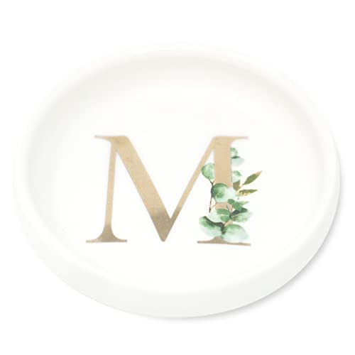 Trinket Tray Ring Dish with Personalized M in Gold Foil and Greenery - White Ring Dish - Monogrammed Trinket Dish or Jewelry Bowl - Cedar & Ink (M)