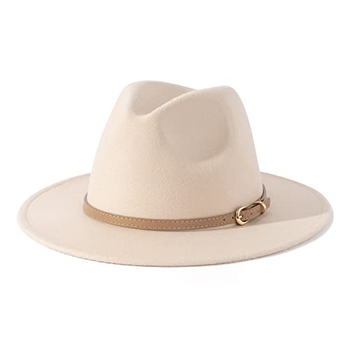 Lisianthus Women Classic Felt Fedora Wide Brim Hat with Belt Buckle A-Creamy