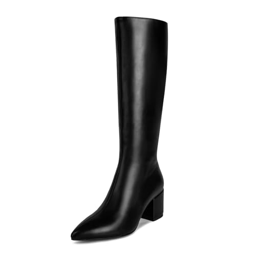 wetkiss Black Knee High Boots for Women Gogo Boots for Women Knee High, Low Chunky Boots for Women Block Boots Women's Knee-high Boots Pointed Toe 70s Boots Tall Boots Long Boots Zipper Leather Boots