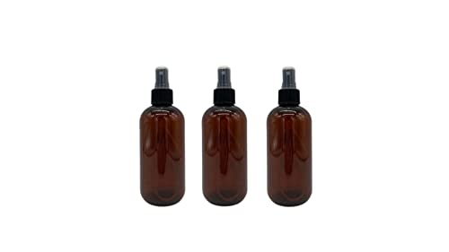 Natural Farms 8 oz Plastic Amber Boston BPA FREE Bottles - 3 Pack Empty Refillable Containers - Essential Oils Cleaning Products - Aromatherapy - Black Fine Mist Sprayers - Made in the USA