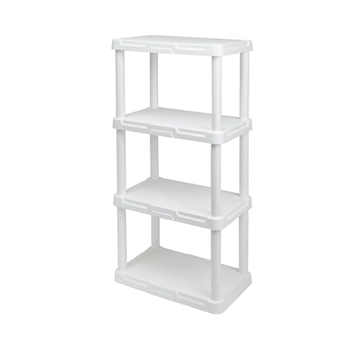 BLACK+DECKER, White, 4-Tier Light Duty Storage Shelf, 50lbs/Shelf (47”H x 22.1”W x 14.3”D), Plastic Shelving Unit, Made in The USA