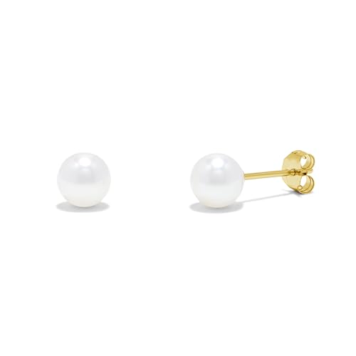 14K Yellow Gold Round White Freshwater Cultured Pearl Classic Senior Portrait Stud Earrings - 5mm-5.5mm