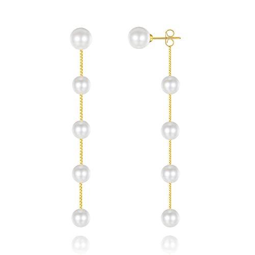 DAILY VIBES 14K Gold Freshwater Pearl Drop Earrings Dangle Dainty Long White Cultured Baroque Pearl Earrings for Women Statement Stud Ball Chain Tassel Jewelry for Bridal Wedding