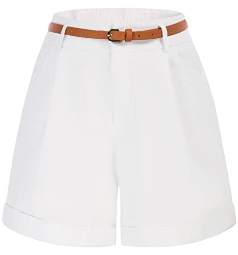 Ladies High Waisted Wide Leg Shorts Summer Linen Shorts Bermuda Shorts (White,L)