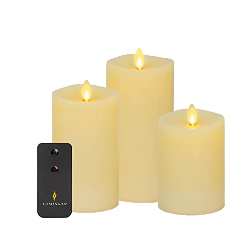 Luminara Realistic Artificial Moving Flame Pillar Candles - Set of 3 - Melted Top Edge, LED Battery Operated Lights - Unscented - Remote Included- 3' x 4.5', 3' x 5.5', 3' x 6.5' (Ivory)