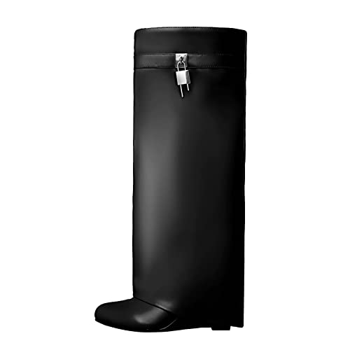 Yishaweiqi Fold Over Boots Wide-calf Wedge Heel Knee High Boot With Decorative Silver Lock Black