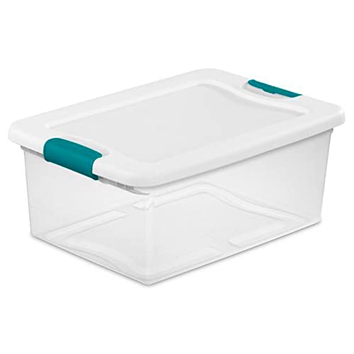 Sterilite 15 Qt Latching Storage Box, Stackable Bin with Latch Lid, Plastic Container to Organize Closet Shelf, Clear with White Lid, 12-Pack
