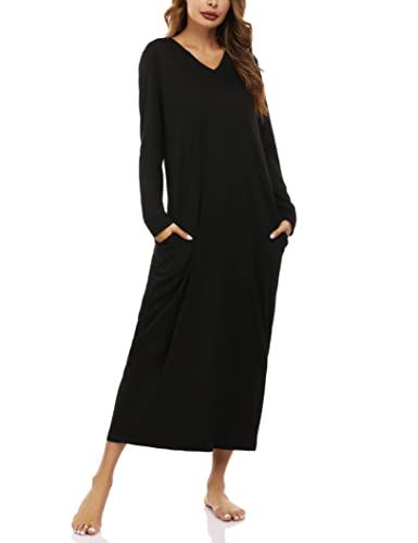 Marvmys Winter Long Sleeves Nightgowns for Women Soft Cotton Long Pajama Dress V Neck Sleeping Gown for Ladies Black