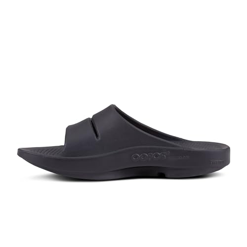 OOFOS OOahh Sport Slide Sandal, Matte Black - Men’s Size 7, Women’s Size 9 - Lightweight Recovery Footwear - Reduces Stress on Feet, Joints & Back - Machine Washable - Hand-Painted Graphics