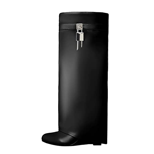 Women's Fold Over Knee High Boots Covered Wedge Heel Almond Toe Padlock Black Boot Wide Calf Pull-on Shoe