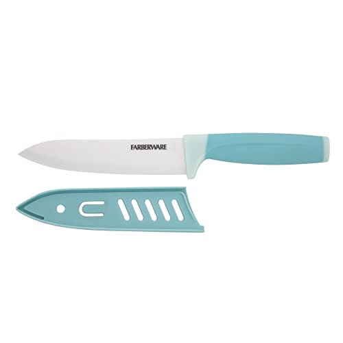 Farberware Ceramic Chef Knife with Custom-Fit Blade Cover, Razor-Sharp Kitchen Knife with Ergonomic, Soft-Grip Handle, Dishwasher-Safe, 6-inch, Aqua