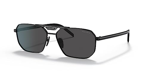 Prada PR 58YS 1AB5S0 Black Metal Rectangle Sunglasses Grey Lens