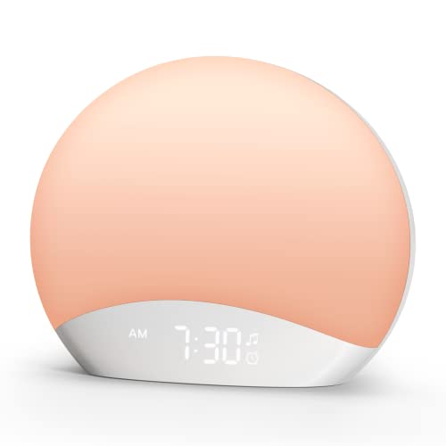 REACHER Sound Machine Sunrise Alarm Clock with Night Light, 26 Nature Inspired Sleep Sounds, 0-100% Dimmable Clock, Sunrise Lamp, Wake Up Light, Brown/Pink/White Noise Machine for Babys, Adults, Kids