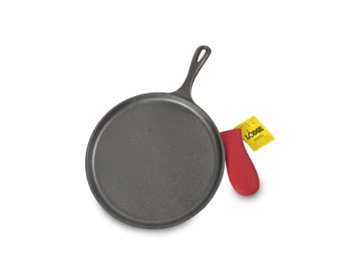 Lodge Cast Iron Round Griddle with Red Silicone Hot Handle Holder, 10.5-inch