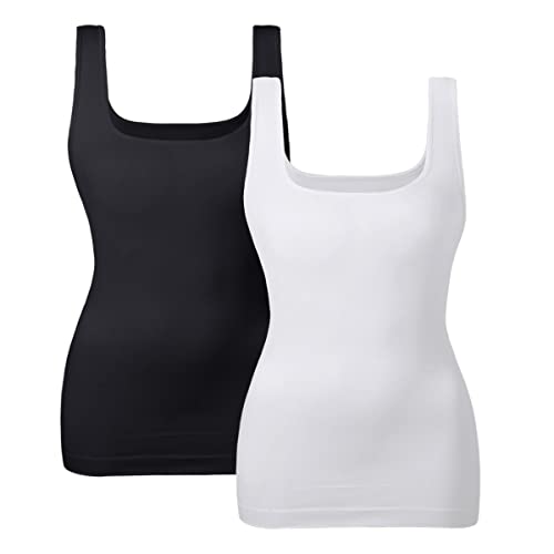 EUYZOU Women's 2PK Tummy Control Shapewear Tank Tops Seamless Square Neck Compression Tops Slimming Body Shaper Camisole-Black/White L