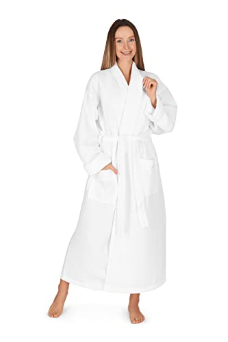 Women's Waffle Robe by Boca Terry, Full Length Waffle Knit Hotel Bathrobe. Lightweight Shawl Collar White Robes. 2X (XXL)