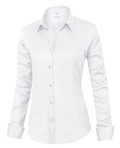 siliteelon Womens Classic-Fit Dress Shirts Long Sleeve Button Down Wrinkle-Free Stretch Solid Casual Work Office Blouse Top White Small