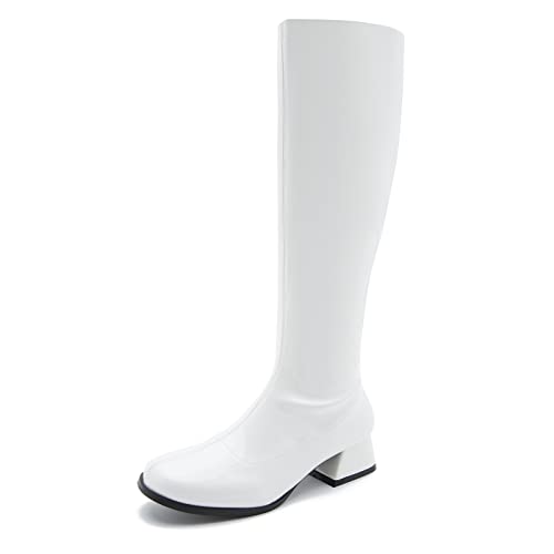 GOGO Boots for Women, Knee High Boots, Low Block Heel Zipper Boots Ladies Party Dance Shoes White 38 - US 7.5