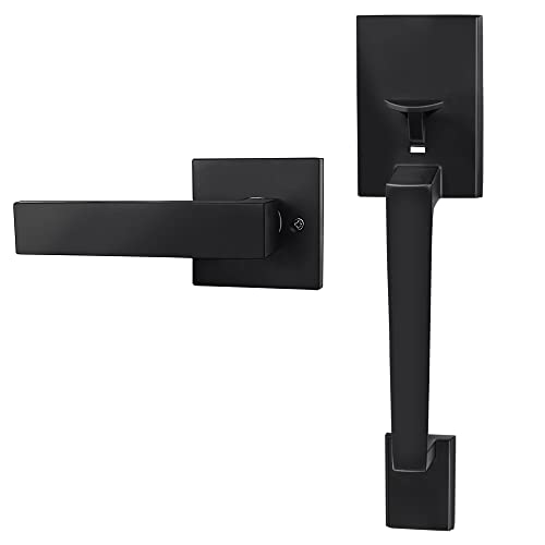 Azdele Matte Black Front Door Handle Set with Reversible Lever - Exterior Door Handle Set for Right or Left Handed Doors, Front Door Handle Matte Black