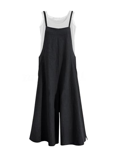 YESNO Women Casual Loose Long Bib Pants Wide Leg Jumpsuits Baggy Cotton Rompers Overalls with Pockets (2XL PZZTYP2 Black)