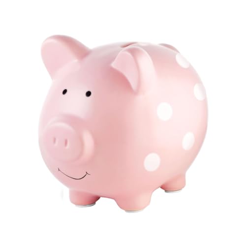 Pearhead Large Ceramic Piggy Bank, Ideal for Boys and Girls, Kids Money and Coin Bank, Perfect Baby Girl Nursery Décor, Great Gift and Newborn Keepsake, Pink Polka Dots