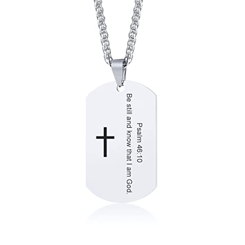 MEALGUET Be still and know that I am God Psalm 46:10 Bible Verse Engraved Faith Christian Spiritual Inspirational Cross Dogtag Necklace for Men with Chain,Religious Jewelry Gift,Silver