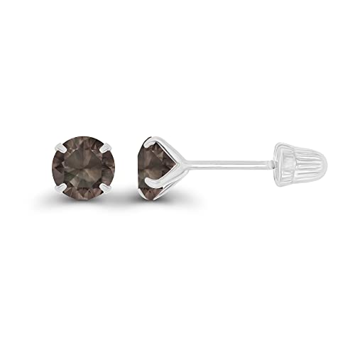 Solid 14K White Gold 4mm Round Natural Smoky Quartz June Birthstone Solitaire Ball Screw Back Stud Earring