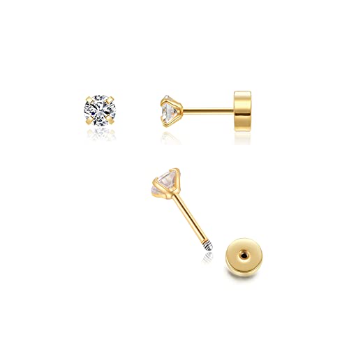 3mm Tiny CZ Screw on Flat Back Stud Earrings,14K Gold Flat Back Cubic Zirconia Earrings for Helix Cartilage Tragus Earlobe Piercing Jewelry Gift for Women Girls Toddlers(3mm CZ, Gold)
