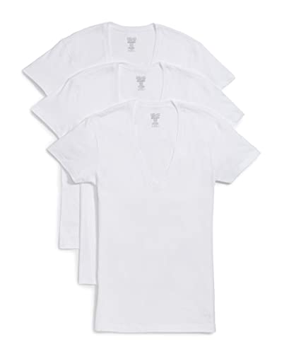 2(X)IST Mens Essential Cotton Slim Fit Deep V Neck T-Shirt 3-Pack , White , Medium