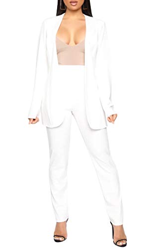 Aro Lora Women's 2 Piece Outfit Casual Solid Open Front Blazer and Pencil Pant Suits Set X-Large White